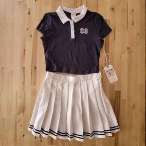 NWT School Girl Uniform Skirt Set, Medium, Pleated, Collar, Crop Top, Blue White